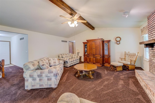 carpeted living area with ceiling fan, lofted ceiling with beams, and visible vents