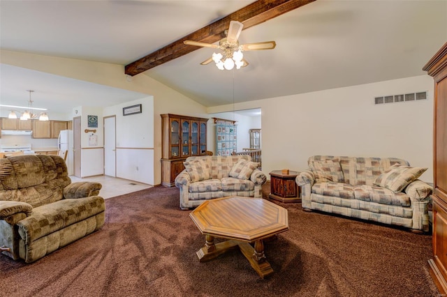 living room featuring light colored carpet, visible vents, ceiling fan with notable chandelier, and lofted ceiling with beams