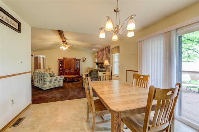 dining room with ceiling fan with notable chandelier, lofted ceiling with beams, visible vents, light carpet, and baseboards