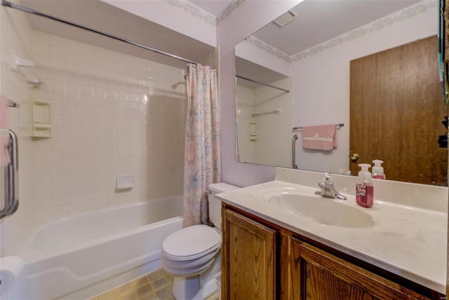 full bathroom with vanity, toilet, and shower / bath combination with curtain