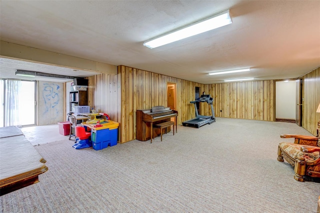 interior space featuring wooden walls and carpet floors