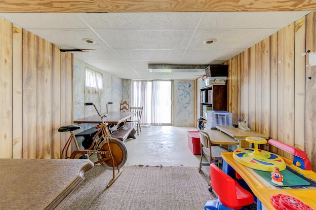 interior space featuring finished concrete flooring and wood walls