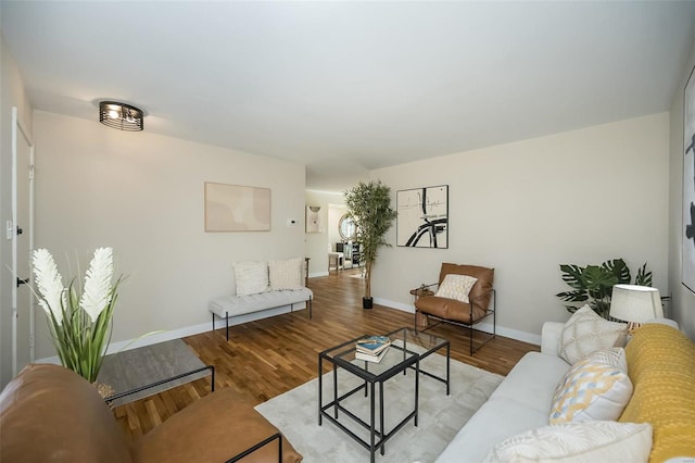 living room with baseboards and wood finished floors