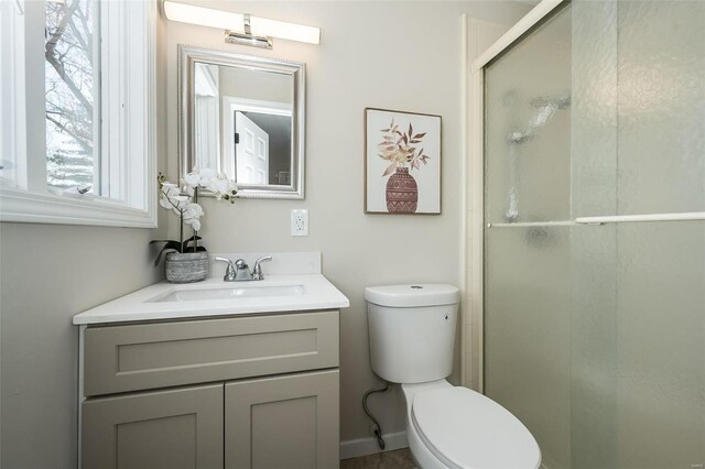 bathroom featuring vanity, a shower stall, and toilet