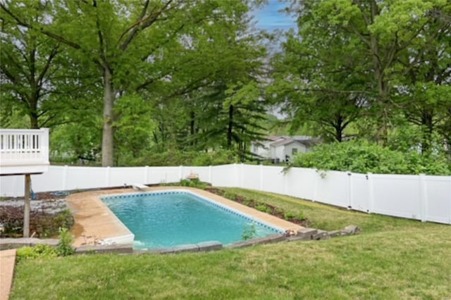 view of pool with a fenced in pool, a fenced backyard, and a yard