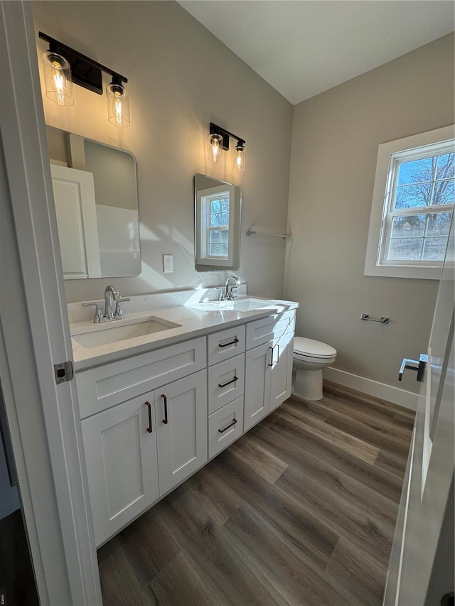 bathroom featuring toilet, double vanity, a sink, and wood finished floors