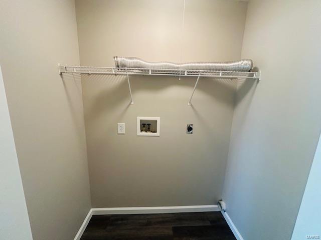 clothes washing area featuring laundry area, wood finished floors, baseboards, washer hookup, and hookup for an electric dryer
