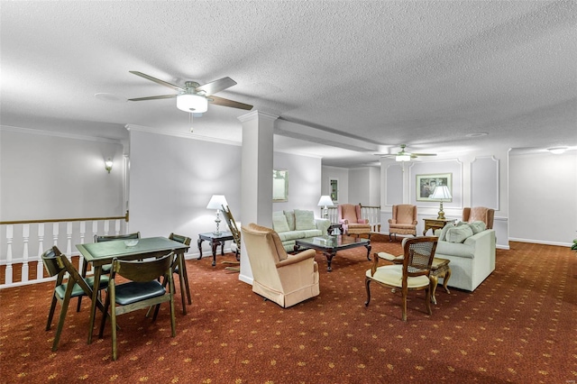 living room featuring carpet flooring, crown molding, a textured ceiling, a ceiling fan, and baseboards