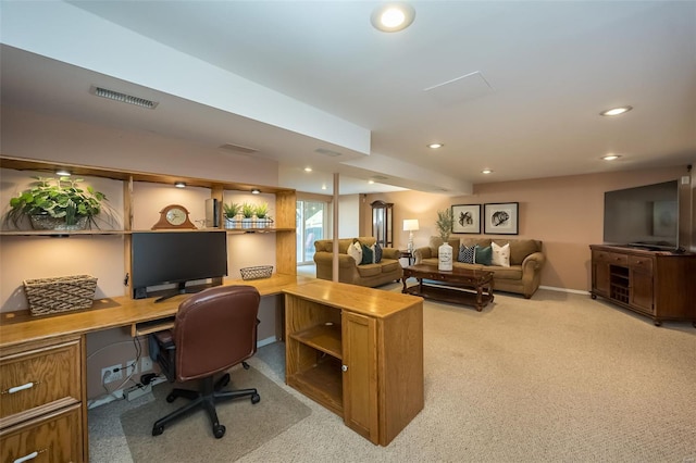 home office with recessed lighting, baseboards, light colored carpet, and visible vents