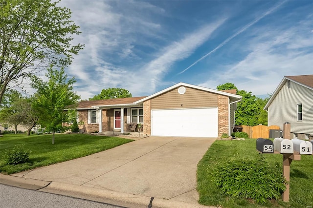 ranch-style home featuring concrete driveway, brick siding, a front yard, and a garage