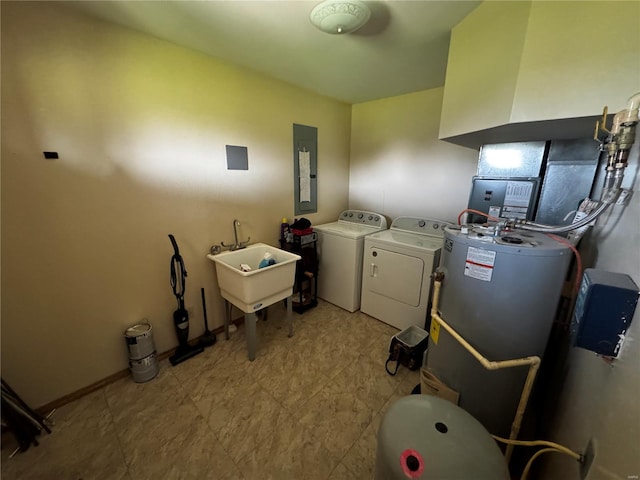 laundry area with a sink, gas water heater, electric panel, and washer and dryer