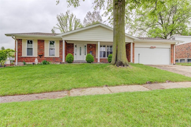 ranch-style home with a front lawn, brick siding, driveway, and a garage