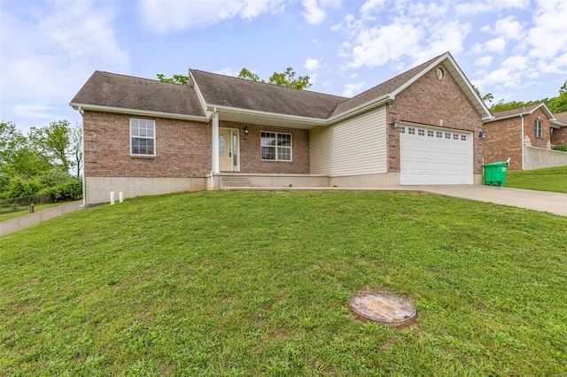 single story home with concrete driveway, brick siding, a garage, and a front lawn