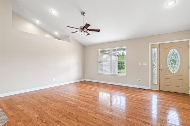 foyer featuring recessed lighting, baseboards, visible vents, ceiling fan, and light wood-style floors