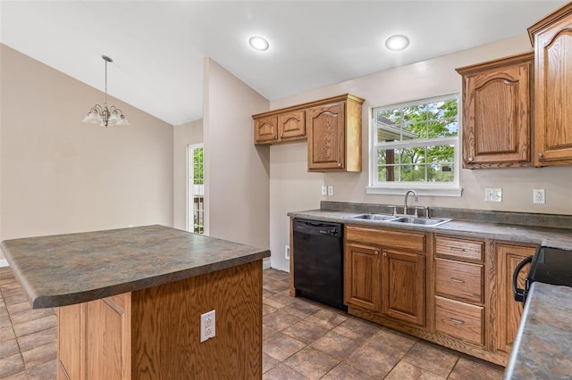 kitchen featuring hanging light fixtures, a sink, vaulted ceiling, black appliances, and dark countertops