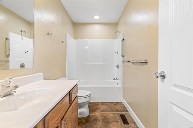 bathroom featuring toilet, tub / shower combination, visible vents, baseboards, and vanity