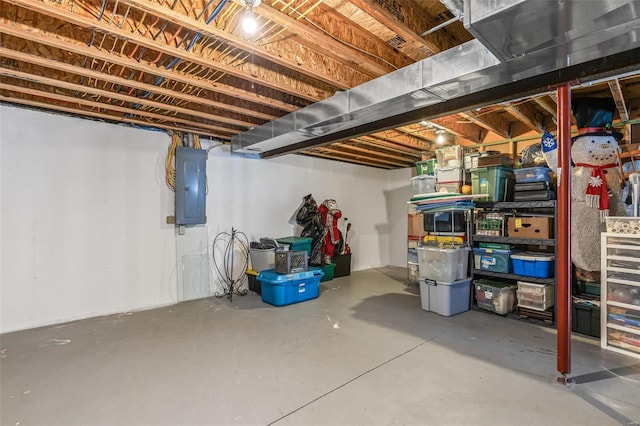 unfinished basement featuring electric panel