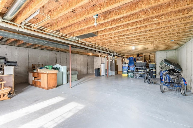 unfinished below grade area with heating unit and gas water heater