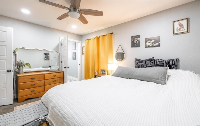 bedroom with recessed lighting and ceiling fan