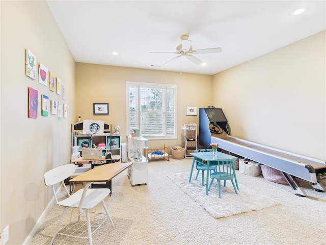 rec room with carpet floors, recessed lighting, baseboards, and ceiling fan