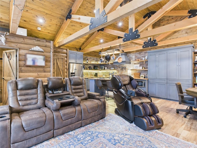 living room with vaulted ceiling with beams, wood ceiling, light wood finished floors, and visible vents