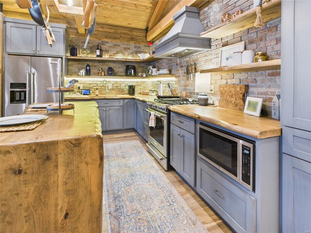 kitchen featuring wooden counters, high end appliances, open shelves, gray cabinetry, and custom range hood
