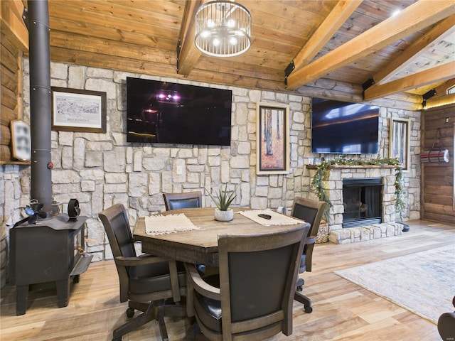 dining area with vaulted ceiling with beams, a wood stove, wood ceiling, and wood finished floors