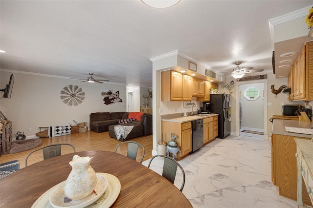 dining room featuring crown molding, a ceiling fan, and marble finish floor