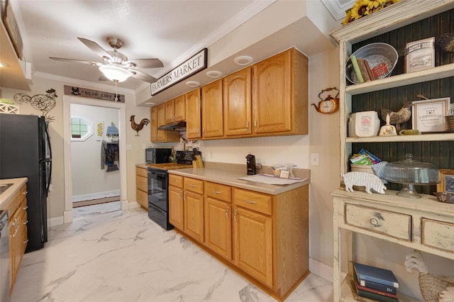 kitchen featuring ornamental molding, marble finish floor, ceiling fan, under cabinet range hood, and black appliances
