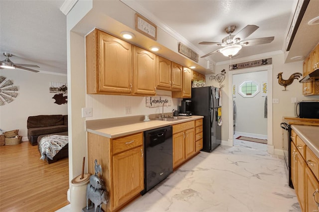 kitchen with crown molding, ceiling fan, light countertops, baseboards, and black appliances