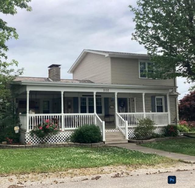 farmhouse with covered porch and a chimney