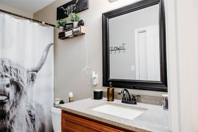 bathroom featuring toilet, a shower with shower curtain, and vanity