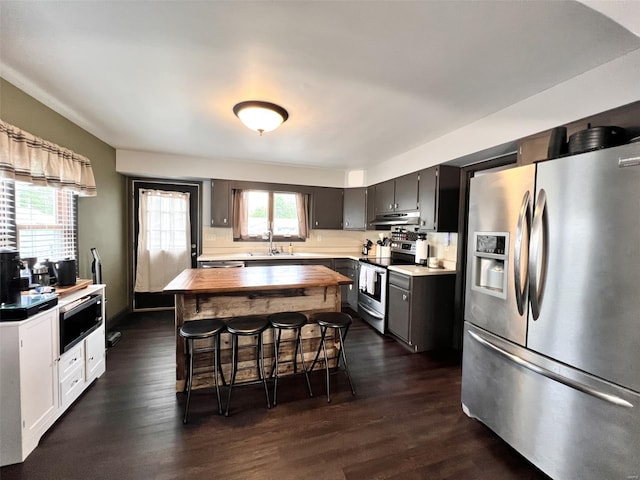 kitchen featuring a sink, stainless steel appliances, butcher block counters, dark wood-type flooring, and under cabinet range hood