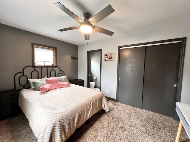 carpeted bedroom with a ceiling fan, a closet, and connected bathroom
