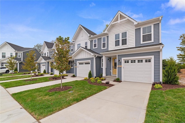 multi unit property with a residential view, a front lawn, a garage, board and batten siding, and concrete driveway