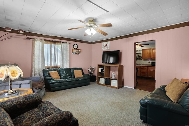 living area with a ceiling fan and carpet flooring