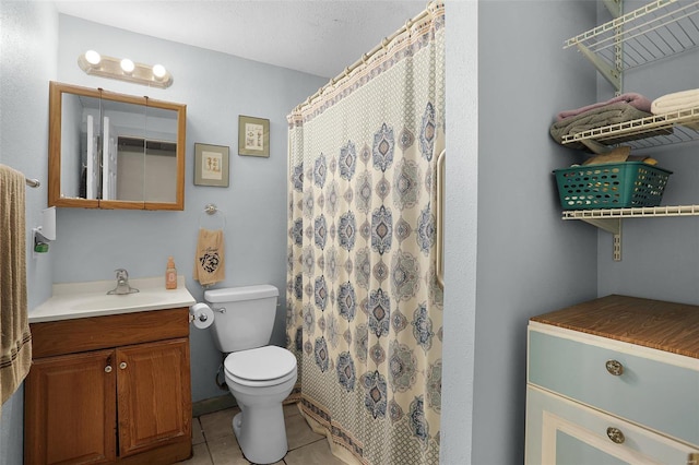 full bath with toilet, a shower with shower curtain, tile patterned flooring, and vanity