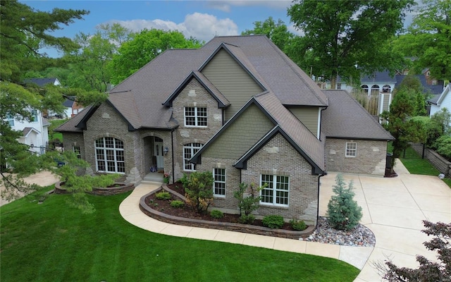 view of front of house featuring fence, concrete driveway, brick siding, and a front yard