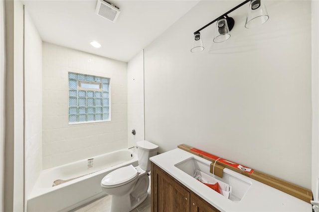 bathroom with vanity, toilet, tub / shower combination, and visible vents