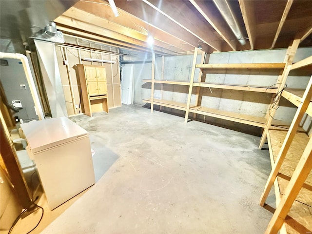 unfinished below grade area featuring fridge