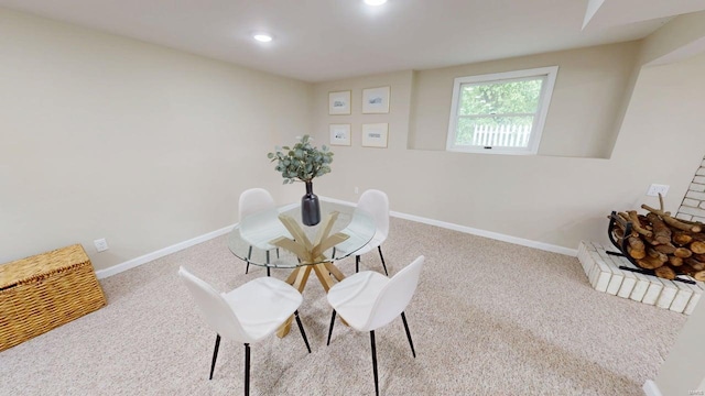 dining space featuring baseboards, recessed lighting, and carpet floors