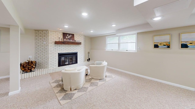 carpeted living area featuring recessed lighting, baseboards, and a fireplace