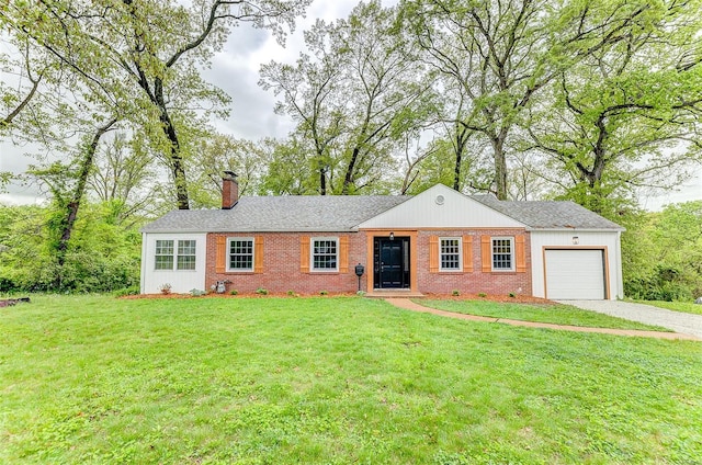 ranch-style house with brick siding, a garage, gravel driveway, and a chimney