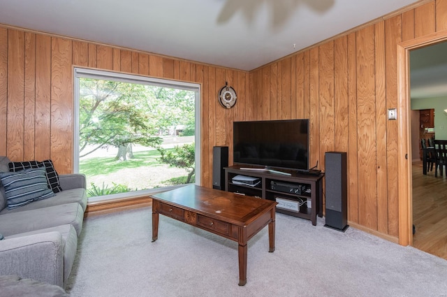 living area featuring wooden walls and light colored carpet