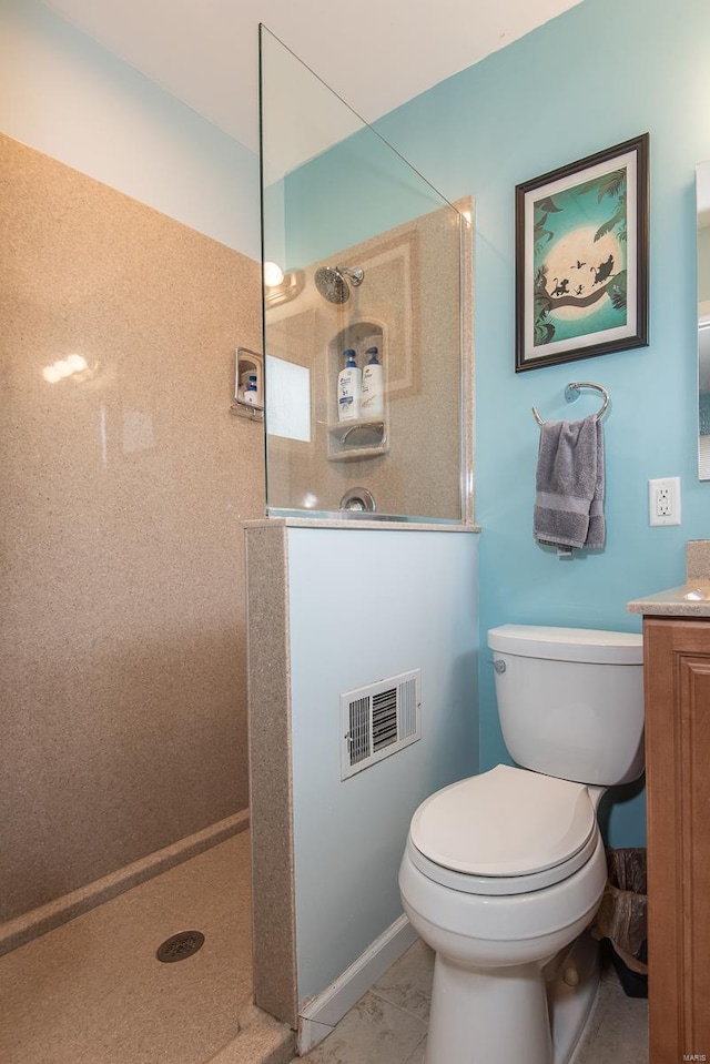 full bathroom with toilet, walk in shower, vanity, and visible vents