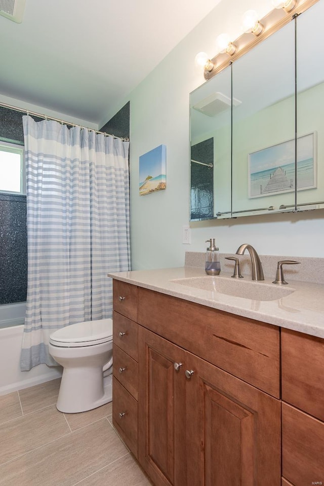 bathroom with toilet, visible vents, tile patterned flooring, vanity, and shower / bathtub combination with curtain