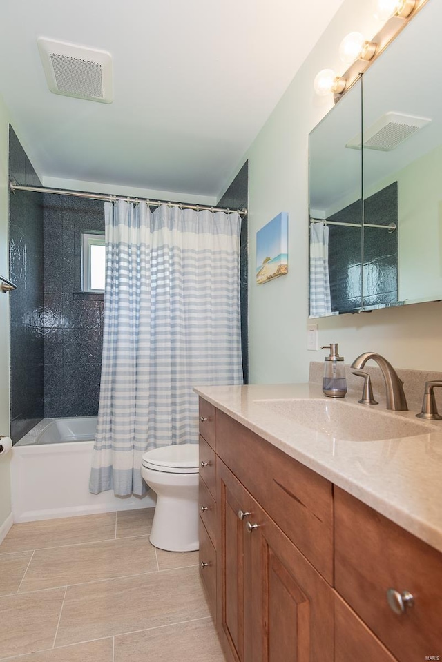 full bathroom featuring vanity, toilet, shower / bathtub combination with curtain, and visible vents