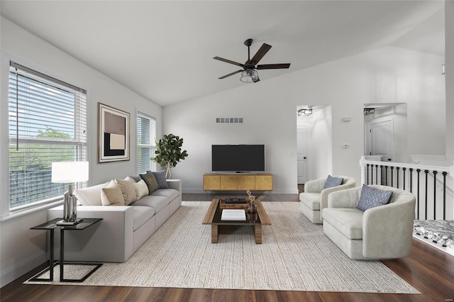 living area with ceiling fan, visible vents, wood finished floors, and lofted ceiling
