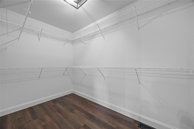 spacious closet with dark wood finished floors