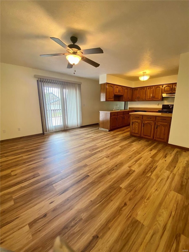 kitchen with ceiling fan, black electric range oven, a sink, light wood-style floors, and under cabinet range hood